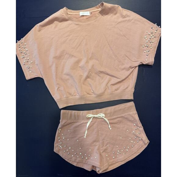 Anthropologie Mustard Seed Two Piece Set Pearl Beading S Crop Top / M Shorts - Picture 1 of 16